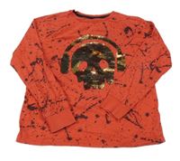 Červeno-černé vzorované triko s lebkou z překlápěcích flitrů Next