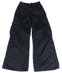 Černé cargo saténové wide high waist kalhoty H&M