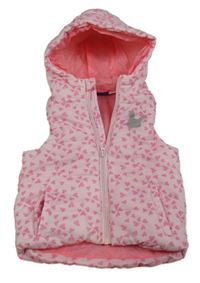 Světlerůžová prošívaná šusťáková zateplená vesta se srdíčky a zajíčkem a kapucí lupilu