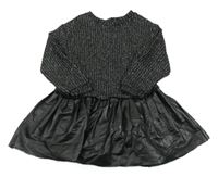 Černo-stříbrné melírované žebrované úpletovo/koženkové šaty Zara