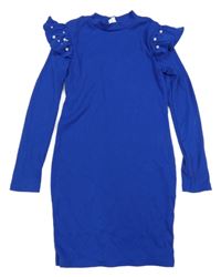 Safírové žebrované šaty s volánky s perlami SHEIN