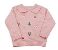 Světlerůžový vánoční svetr s obrázky a límečkem Nutmeg