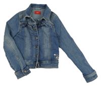 Modrá tepláková riflová crop bunda s motýlkem z flitrů a volánky S. Oliver