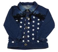 Tmavomodrá tepláková riflová bunda s hvězdičkami a třásněmi 