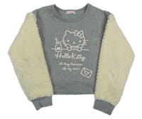Šedá melírovaná teplá crop mikina s Kitty a smetanovými chlupatými rukávy Sanrio