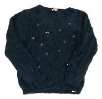 Tmavopetrolejový chlupatý propínací svetr s flitry DU PareiL