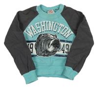 Azurovo-tmavošedá mikina s buldokem a číslem a nápisem 