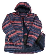 Tmavomodro/šedo-korálová vzorovaná šusťáková funkční zimní lyžařská bunda s kapucí Crivit