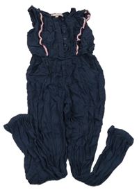 Tmavomodro-růžový kalhotový overal s volánky POCOPIANO