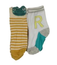 2x - Ponožky - Okrovo/smetanové pruhované se žabičkou, bílo/modrozeleno/šedé s písmenkem 