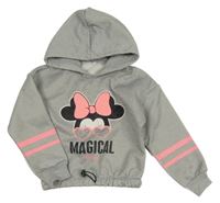 Světlešedá melírovaná teplá mikina s Minnie s kamínky a pruhy a kapucí 