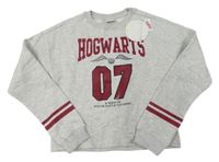 Nové - světlešedá melírovaná crop mikina s číslem a nápisy - Harry Potter a pruhy 