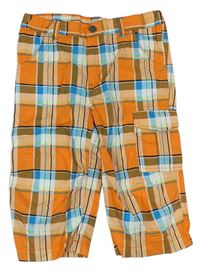 Oranžovo-bílo-modré kostkované plátěné capri kalhoty Kids