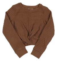 Hnědá vzorovaná úpletová crop mikina