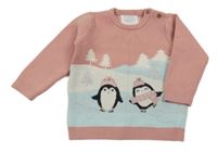 Starorůžovo-světlemodrý svetr s tučňáky F&F