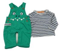 2set - Zelené laclové tepláky s dinosaurem + šedo-tmavomodré pruhované triko Bob der Bär