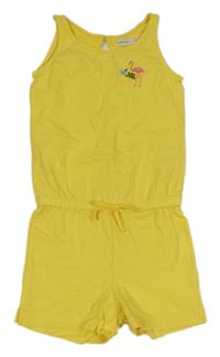 Hořčicový bavlněný kraťasový overal s plameňákem Pocopiano