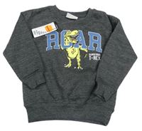 Nové - Tmavošedá melírovaná mikina s dinosaurem a nápisem Infinity Kids