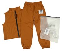 Nové - 2set - Hnědé šusťákové kalhoty s nášivkou + propínací vesta