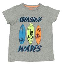 Šedé melírované tričko se surfy a nápisem Urban