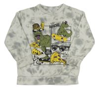 Šedo-bílá batikovaná mikina s dinosaury Primark