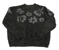 Tmavošedý chlupatý svetr se stříbrným vzorem Next