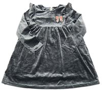 Tmavošedé sametové šaty s mašličkou a volánky 