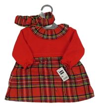 Nové - 2 set - červené pletené šaty s kostkovanou sukní + čelenka Dunnes 