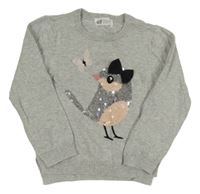 Šedý lehký svetr s ptáčkem z flitrů H&M