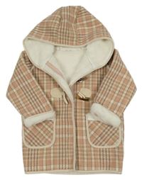 Starorůžvo-smetanová kostkovaná zateplená bunda s kapucí 