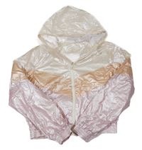 Růžovo-smetanovo-meruňková šusťáková podzimní crop bunda s kapucí 