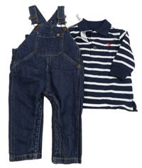 Nové - 2set - Tmavomodro-bílé pruhované polo triko + tmavomodré laclové rifle zn. Next