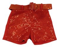 Červené flaušové kraťasy s flitry a páskem 
