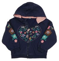 Tmavomodrá propínací mikina se srdcem a květy a kapucí Tu