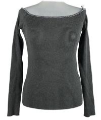 Nové - Dámský šedý žebrovaný svetr s lodičkovým výstřihem s korálky H&M