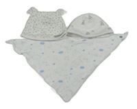 3set- 2x bílá vzorovaná čepice+ slintáček s mráčky