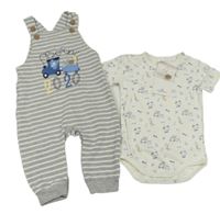 2set - Šedo-bílé pruhované laclové tepláky s vláčkem + body Topolino