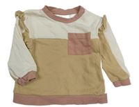 Bílo-béžová mikina s volánky a růžovým lemem H&M