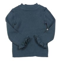 Tmavomodrošedý žebrovaný úpletový rolák s volánky Nutmeg