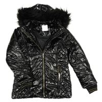 Černá lesklá prošívaná šusťáková zimní bunda s kapucí s kožešinou Next