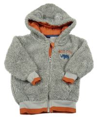 Šedá melírovaná chlupatá propínací mikina s nosorožcem a kapucí Lupilu