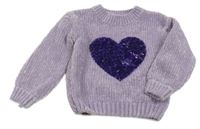 Lila žinylkový svetr se srdíčkem z flitrů C&A