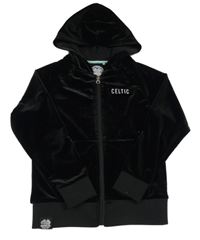 Černá sametová propínací mikina s nápisem a kapucí