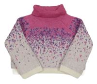 Bílo-růžovo-fialový vzorovaný crop svetr s rolákem Tu
