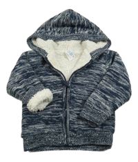 Tmavomodro-bílý melírovaný propínací zateplený svetr s kapucí C&A