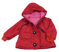 Červená manšestrová zateplená bunda s puntíky a kapucí 