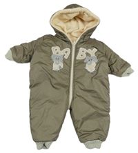 Hnědá šusťáková zimní kombinéza se slony a kapucí 