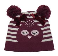 Vínovo-bílá pruhovaná pletená čepice se sovou X-mail