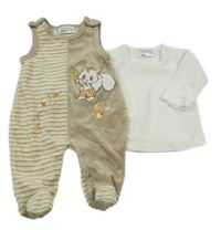 2set - Béžovo-pruhované sametové dupačky s veverkou + bílá sametová mikina Ergee