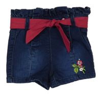 Tmavomodré riflové kraťasy s kytičkami a páskem Orchestra